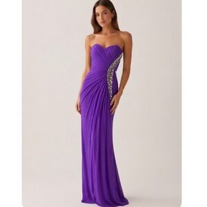 LA FEMME 100% Silk Strapless Beaded Gown Maxi Dress Prom Sheer Side Women 00